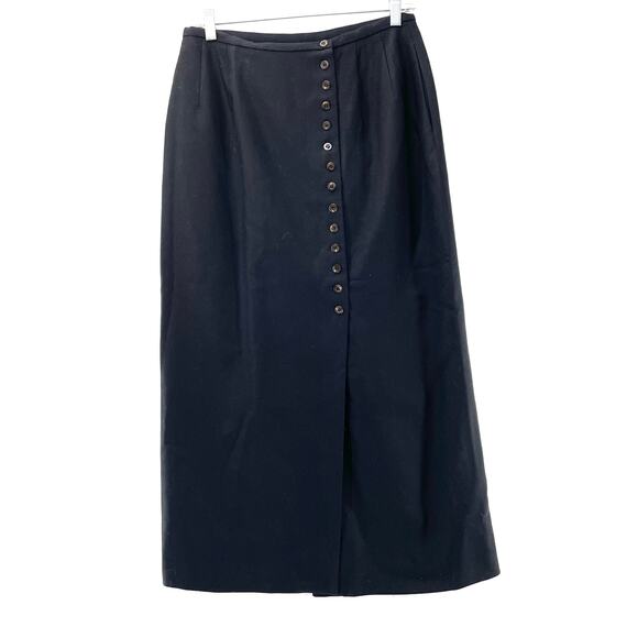 Vintage Long Wrap Skirt Black Sz 8 Wool‎ Button Down Front Slit Midi - Picture 1 of 6
